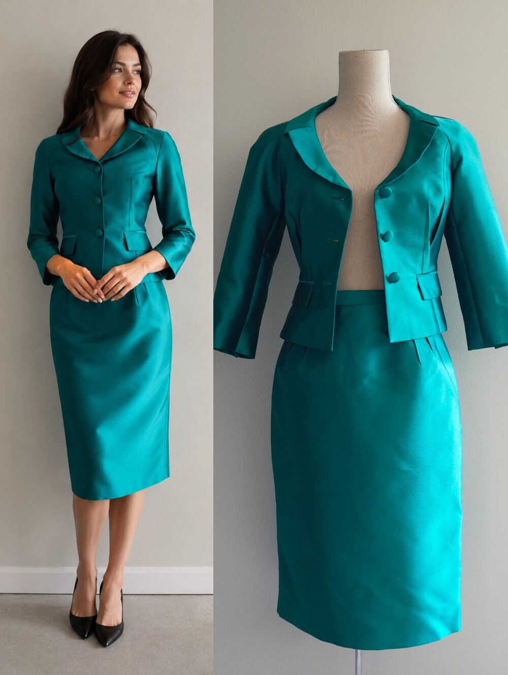 LK Bennett Silk & Wool Blend Peacock Green Blazer & Pencil Skirt Suiting Set